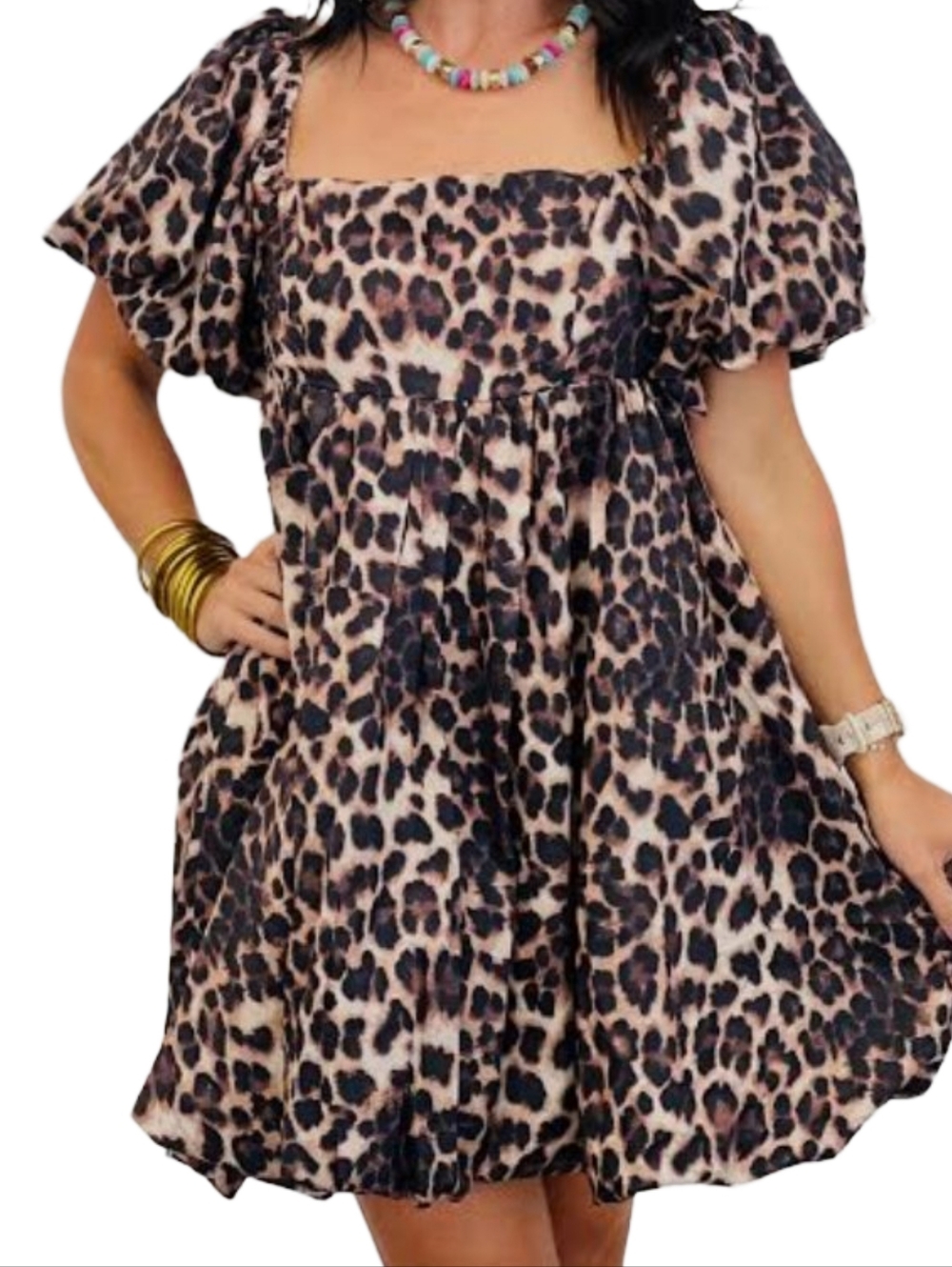Lovelo Leopard Print Smocked Puff Sleeve Mini Dress Size Small NWT